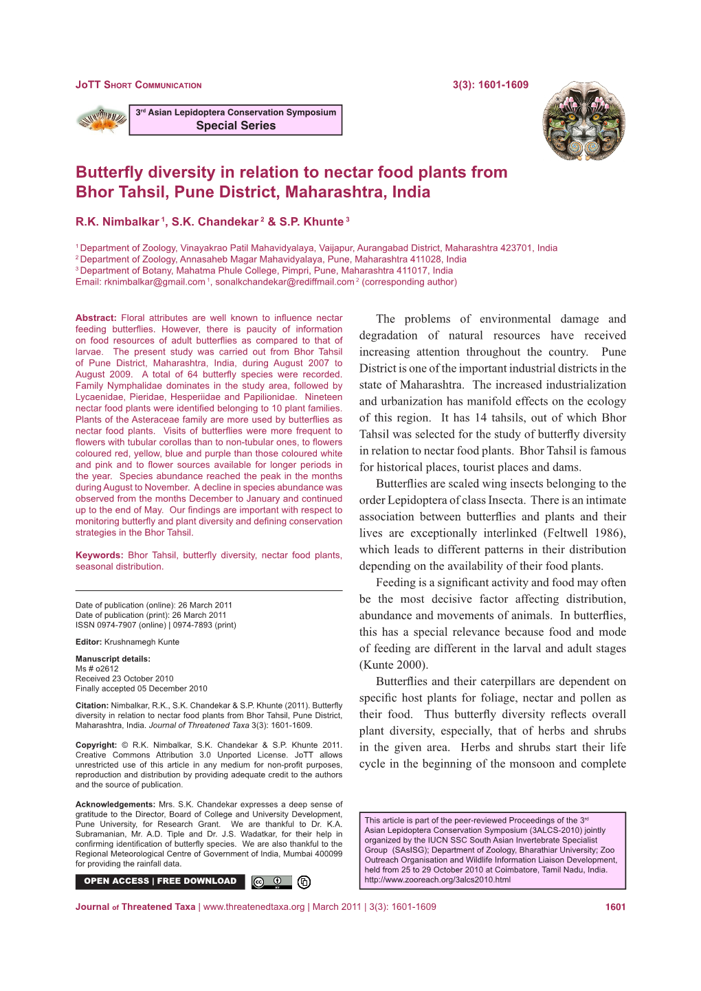 Butterfly Diversity in Relation to Nectar Food Plants from Bhor Tahsil, Pune District, Maharashtra, India