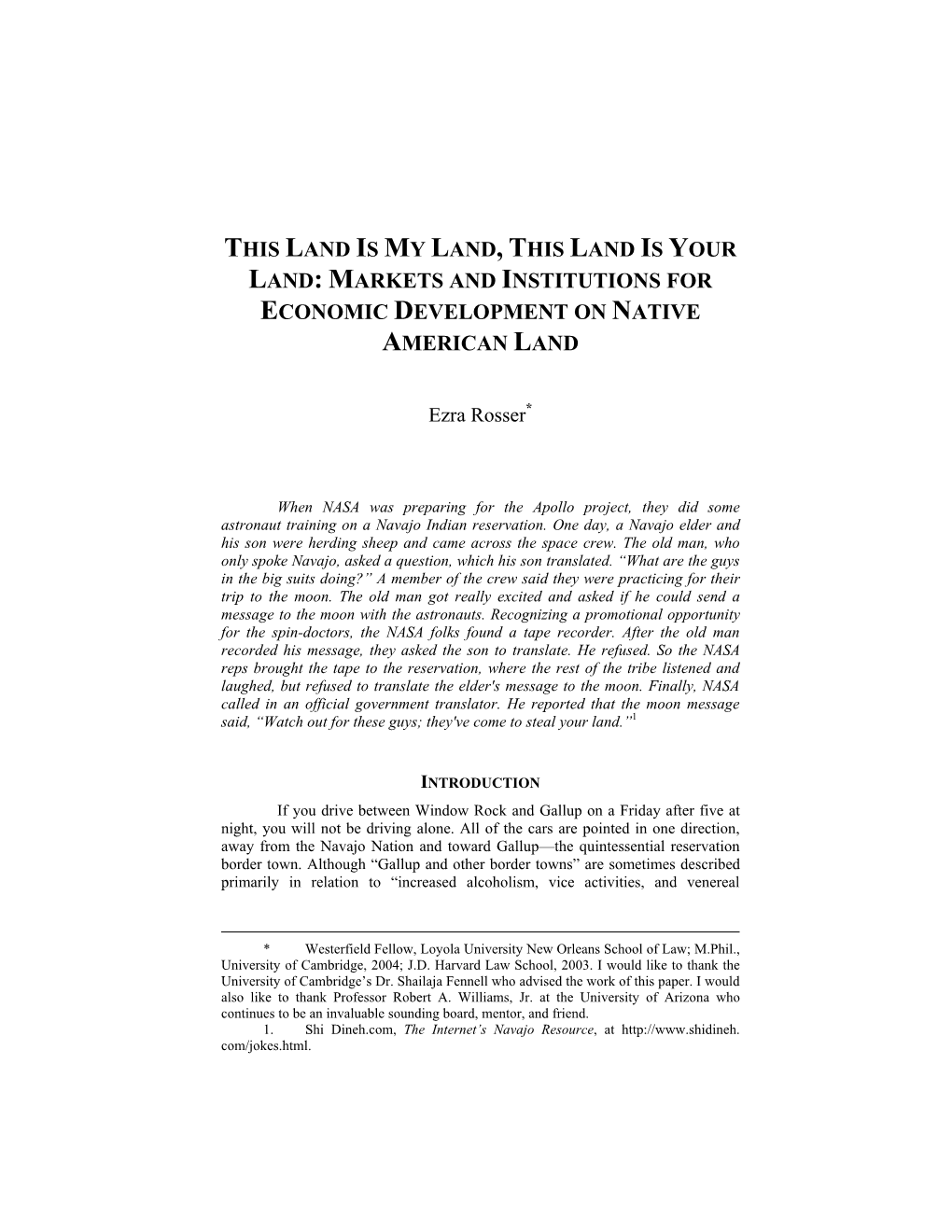 Markets and Institutions for Economic Development on Native American Land
