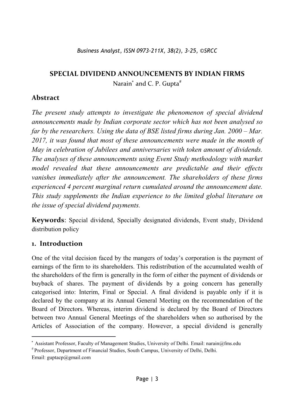 SPECIAL DIVIDEND ANNOUNCEMENTS by INDIAN FIRMS Narain and C