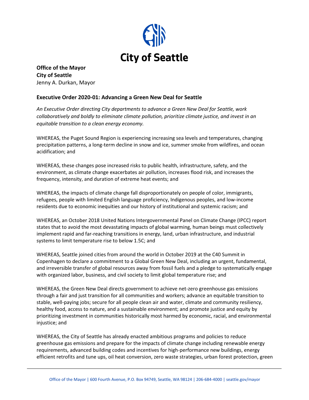 Executive Order 2020-01: Advancing a Green New Deal for Seattle