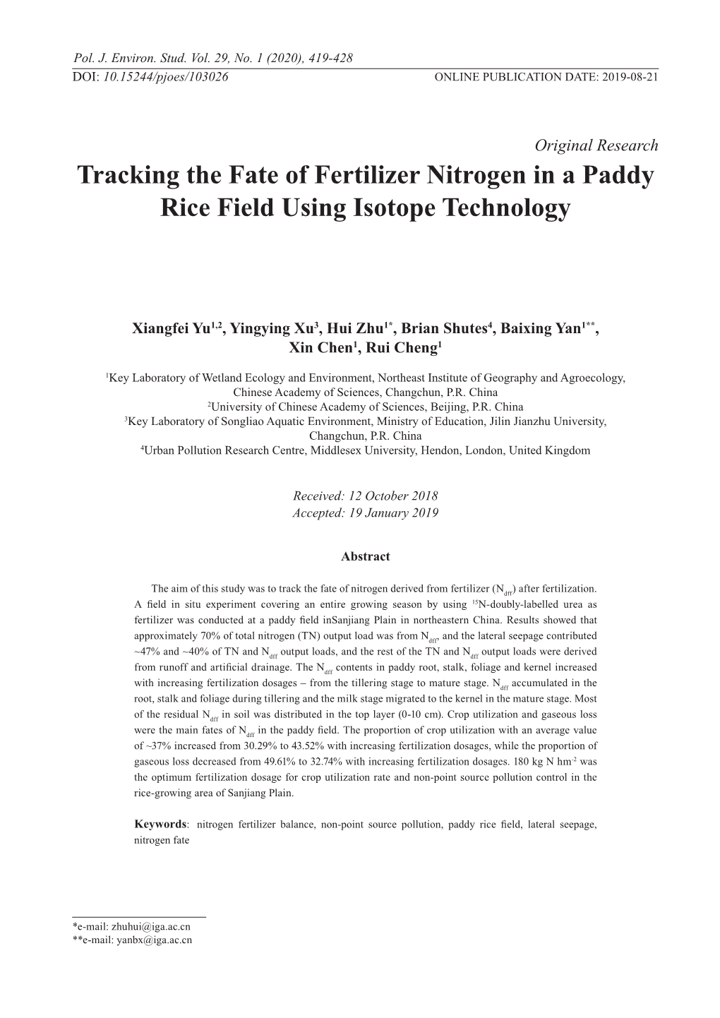Tracking the Fate of Fertilizer Nitrogen in a Paddy Rice Field Using Isotope Technology