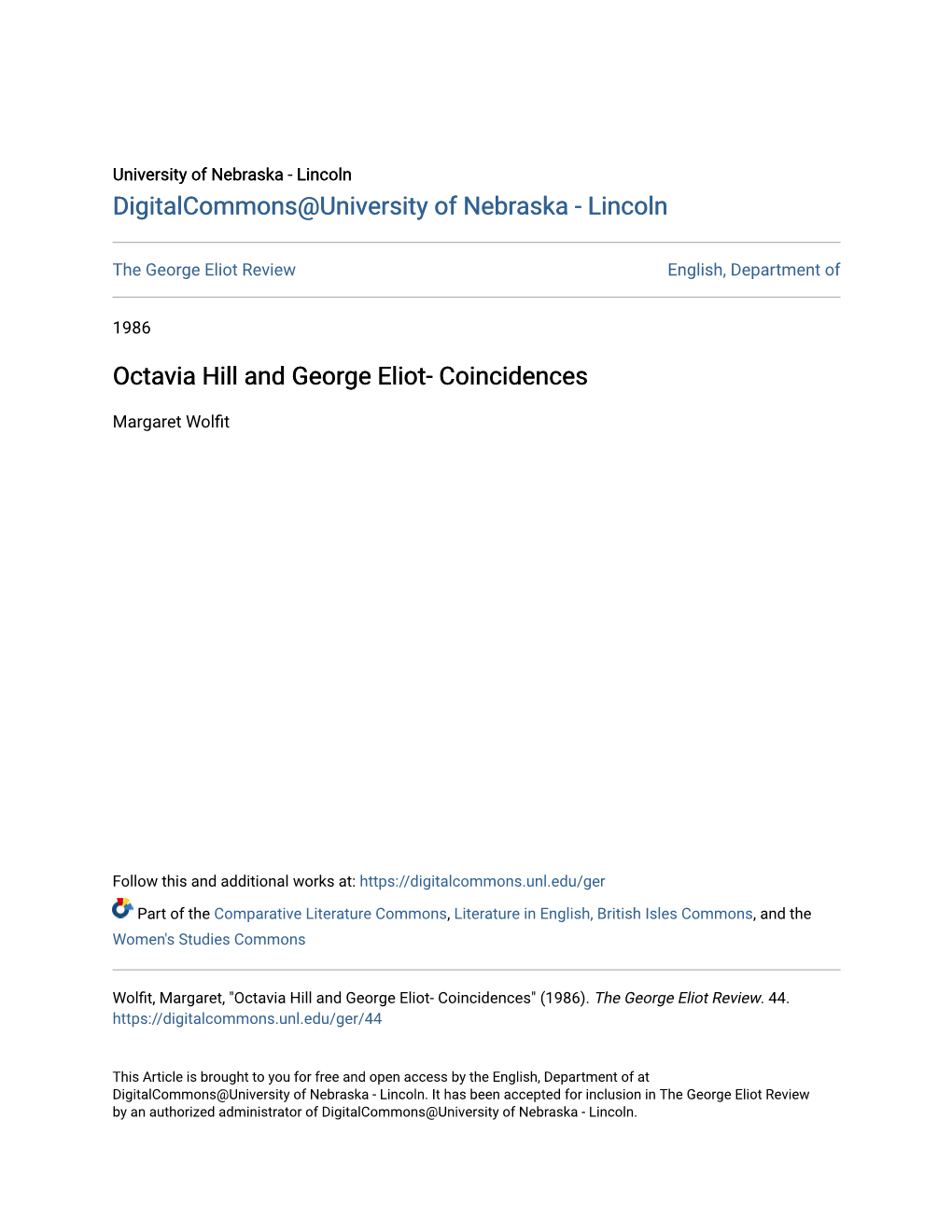 Octavia Hill and George Eliot- Coincidences