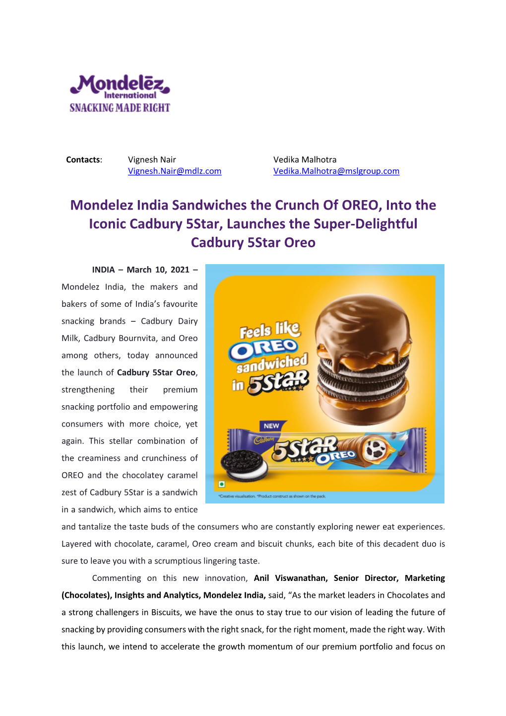 Mondelez India Sandwiches the Crunch of OREO, Into the Iconic Cadbury 5Star, Launches the Super-Delightful Cadbury 5Star Oreo