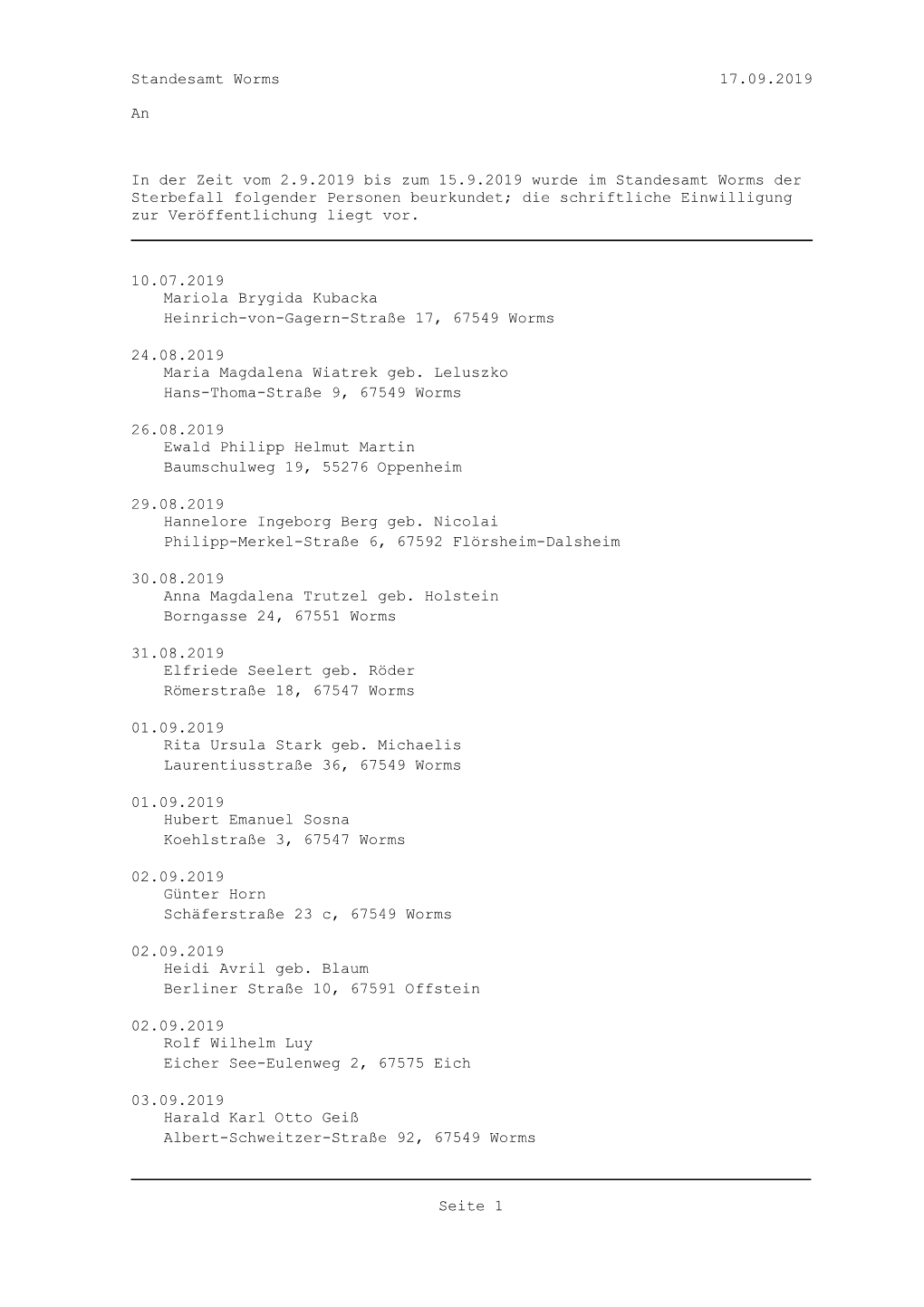 17.09.2019 Standesamt Worms an in Der Zeit Vom 2.9.2019 Bis Zum 15.9