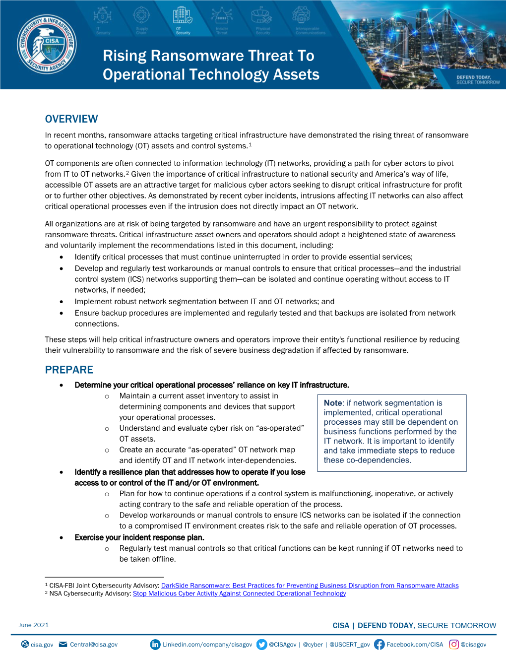 CISA Fact Sheet: Rising Ransomware Threat to OT Assets