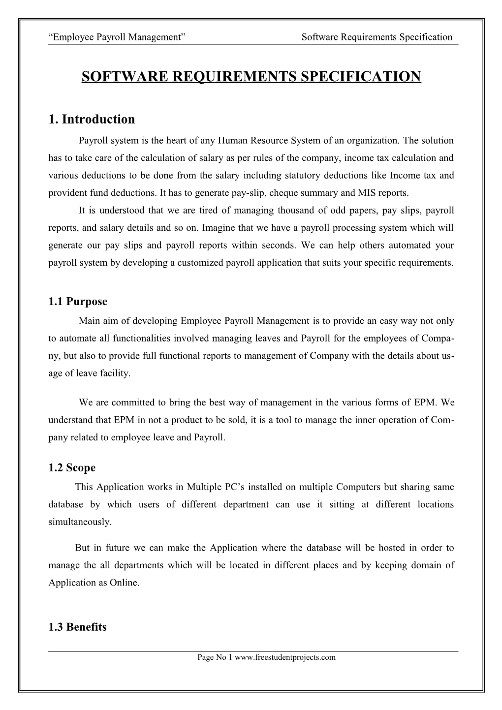 Employee Payroll Management Software Requirements Specification