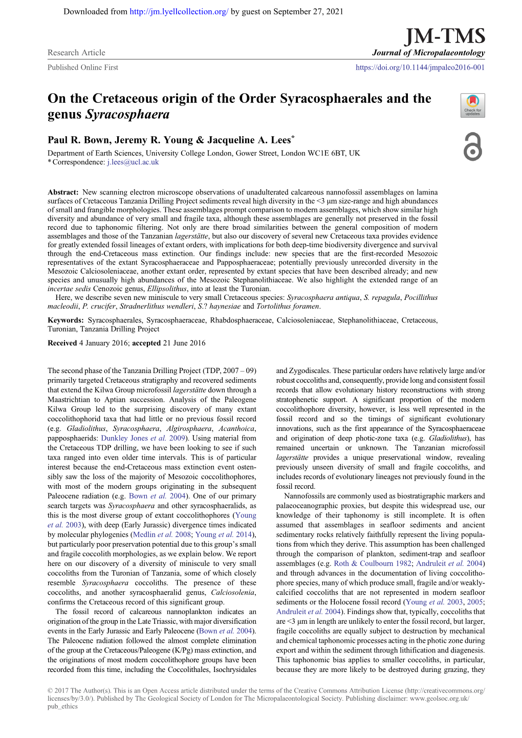 On the Cretaceous Origin of the Order Syracosphaerales and the Genus Syracosphaera