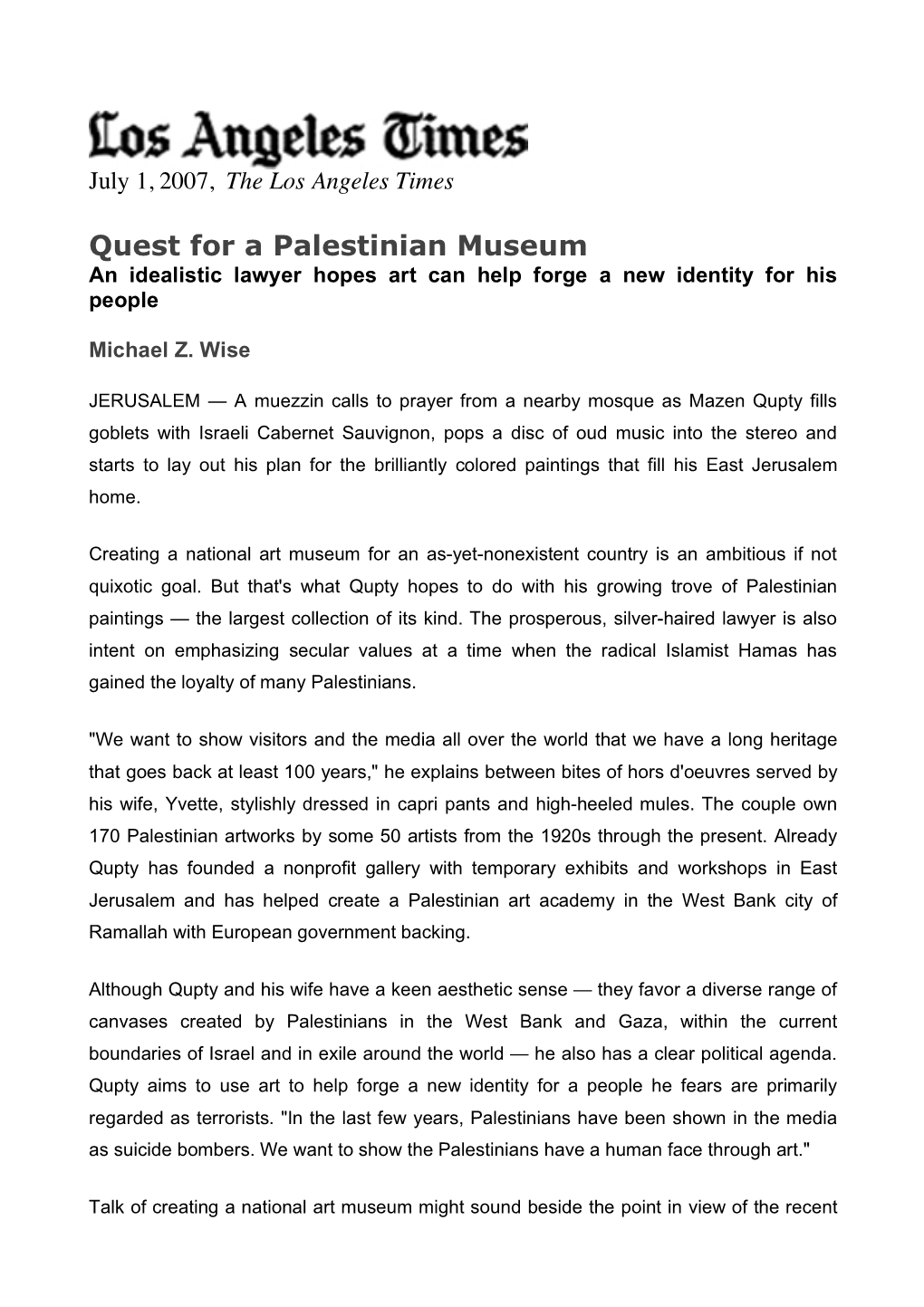 Quest for a Palestinian Museum an Idealistic Lawyer Hopes Art Can Help Forge a New Identity for His People