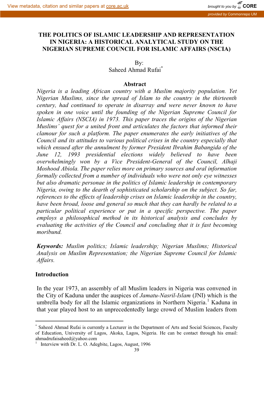 The Politics of Islamic Leadership and Representation in Nigeria: a Historical Analytical Study on the Nigerian Supreme Council for Islamic Affairs (Nscia)