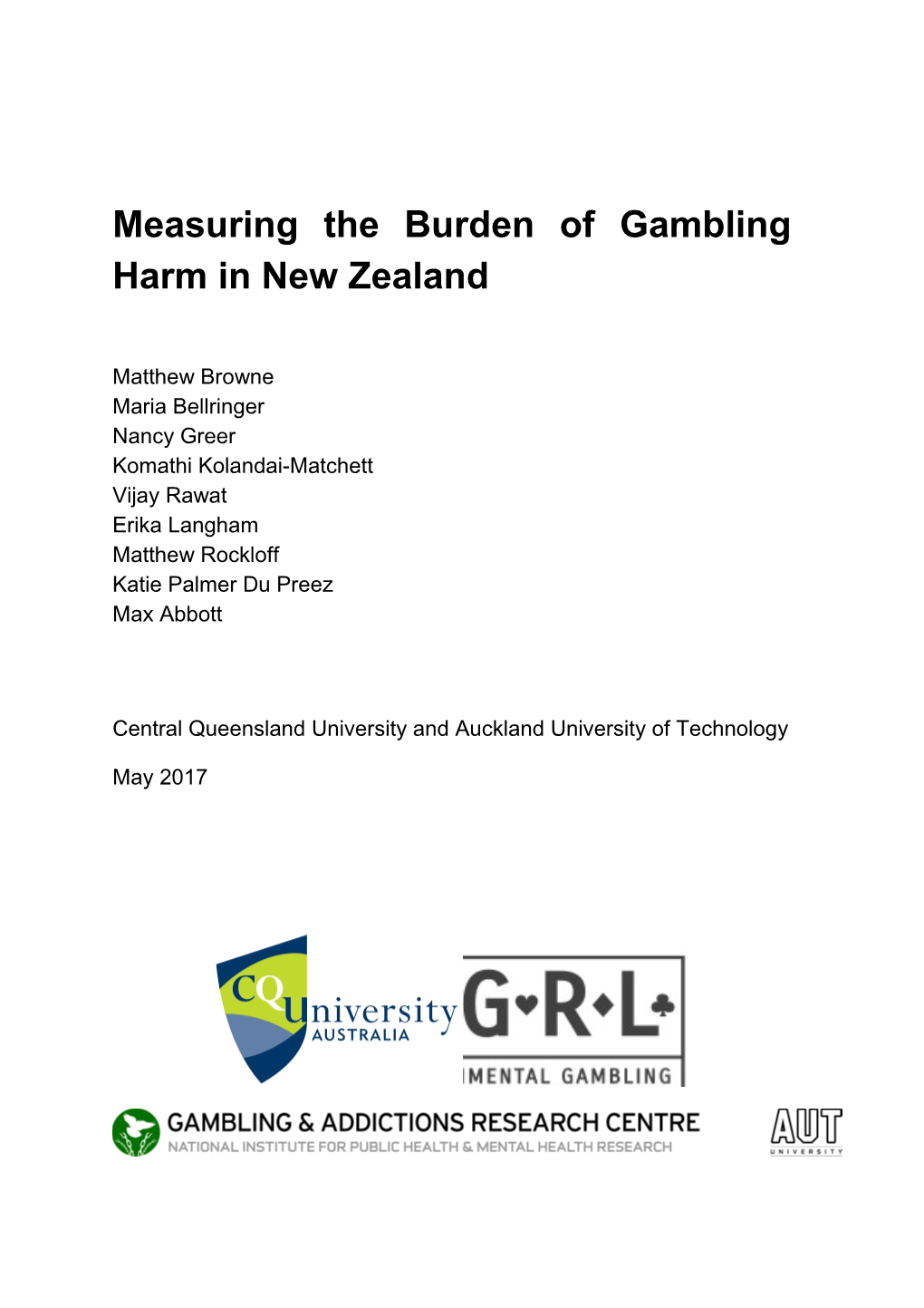 Measuring the Burden of Gambling Harm in New Zealand