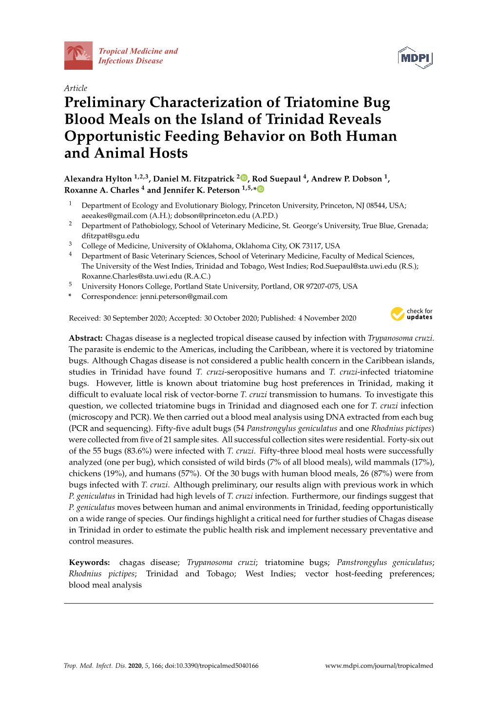 Preliminary Characterization of Triatomine Bug Blood Meals on the Island of Trinidad Reveals Opportunistic Feeding Behavior on Both Human and Animal Hosts