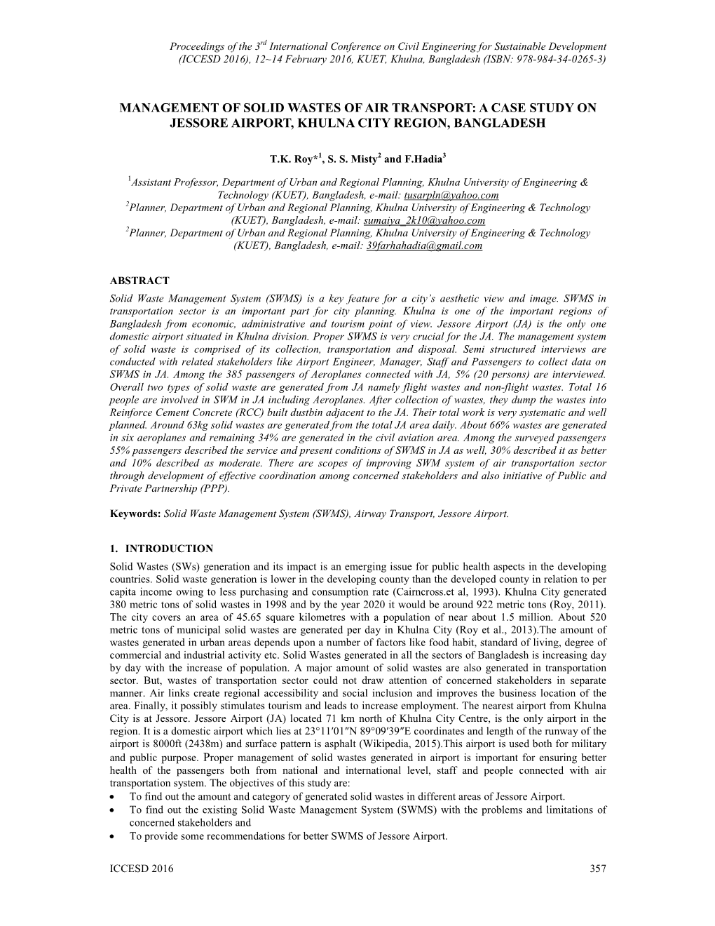 Management of Solid Wastes of Air Transport: a Case Study on Jessore Airport, Khulna City Region, Bangladesh