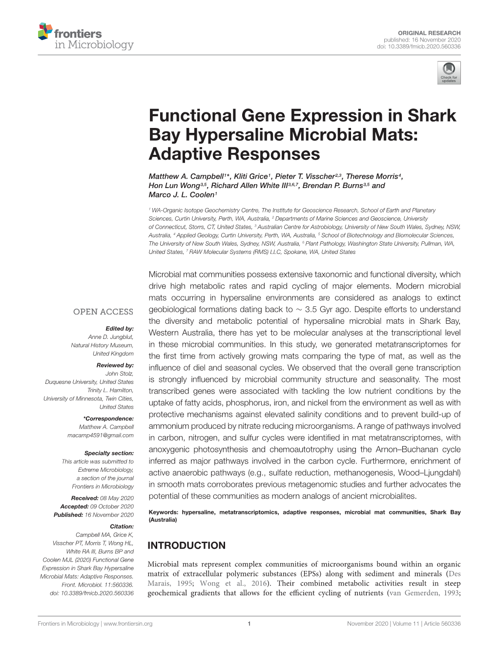 Functional Gene Expression in Shark Bay Hypersaline Microbial Mats: Adaptive Responses