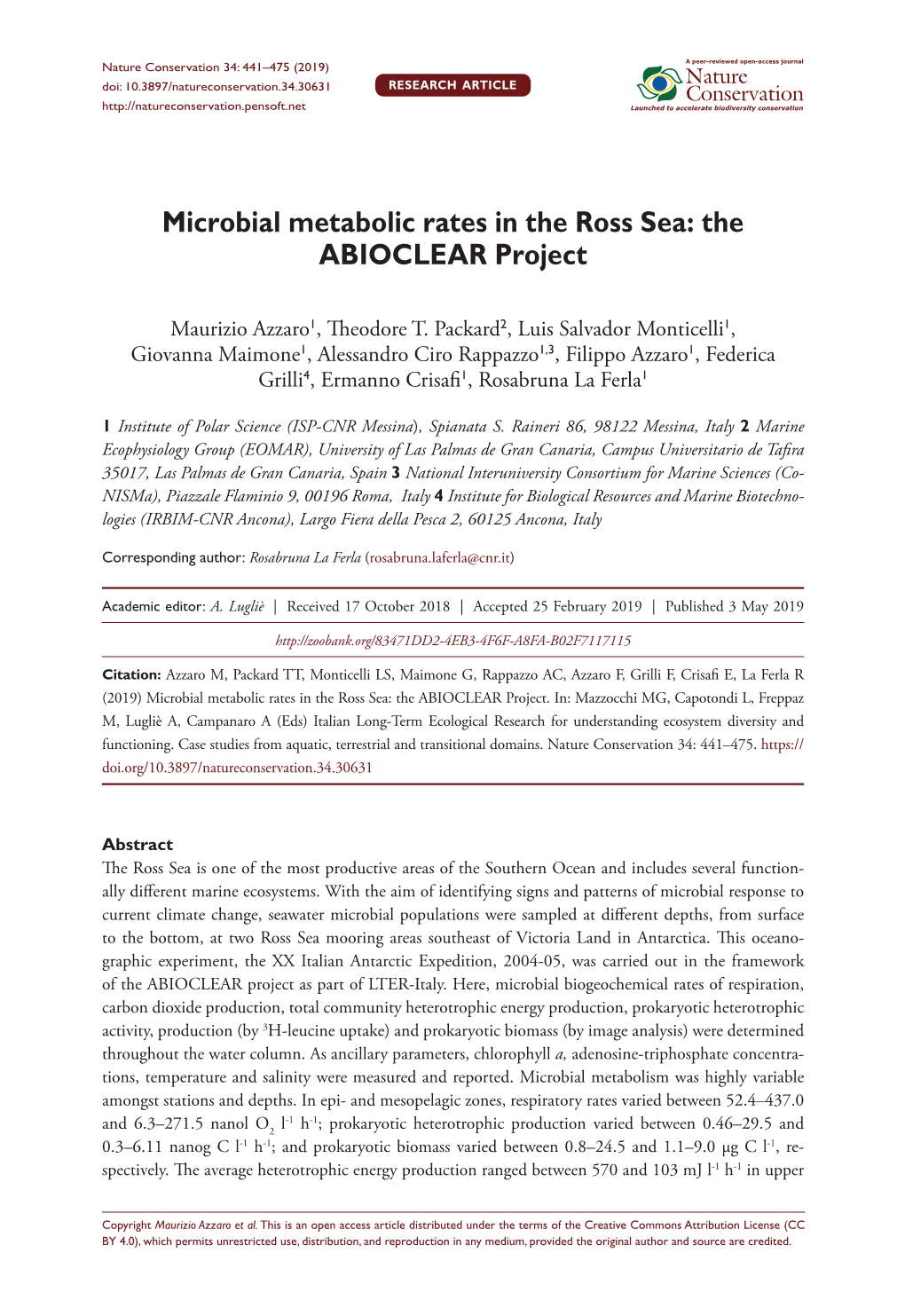 Microbial Metabolic Rates in the Ross Sea: the ABIOCLEAR Project