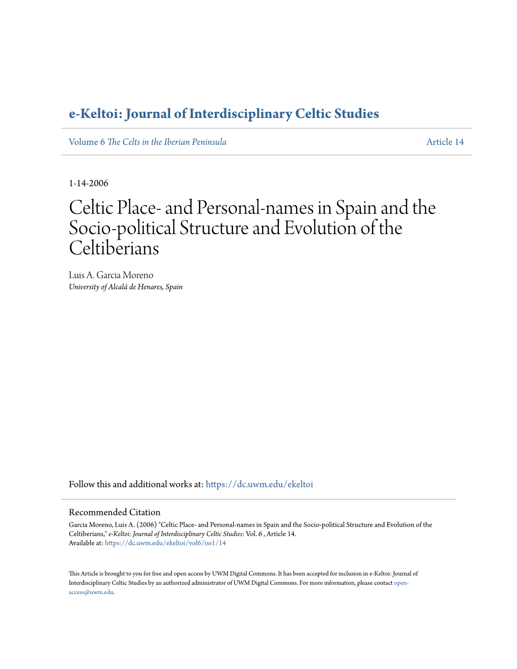 Celtic Place- and Personal-Names in Spain and the Socio-Political Structure and Evolution of the Celtiberians Luis A