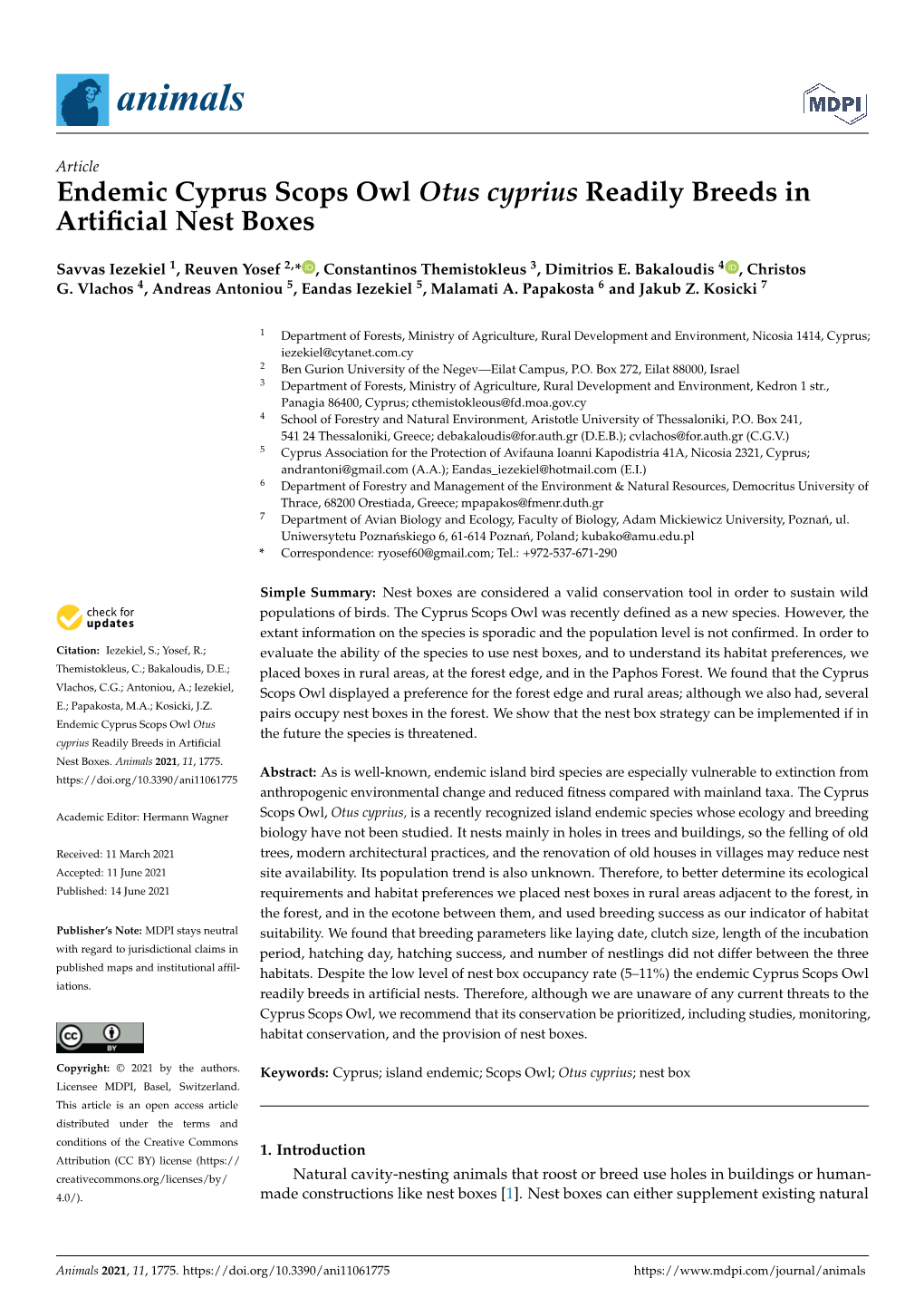 Endemic Cyprus Scops Owl Otus Cyprius Readily Breeds in Artiﬁcial Nest Boxes