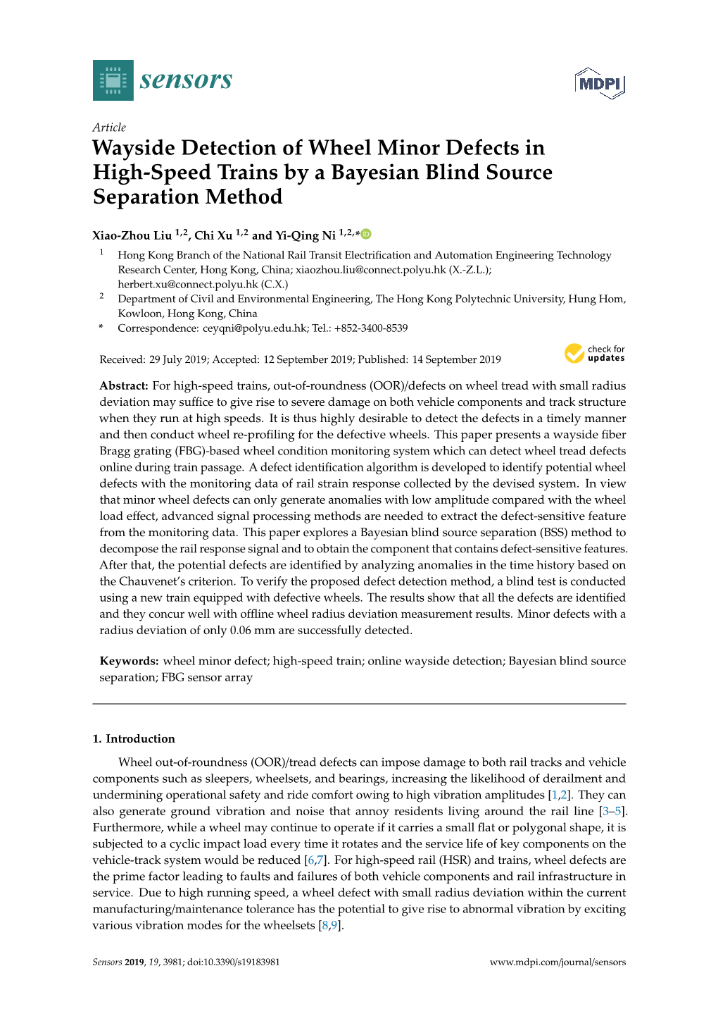 Wayside Detection of Wheel Minor Defects in High-Speed Trains by a Bayesian Blind Source Separation Method