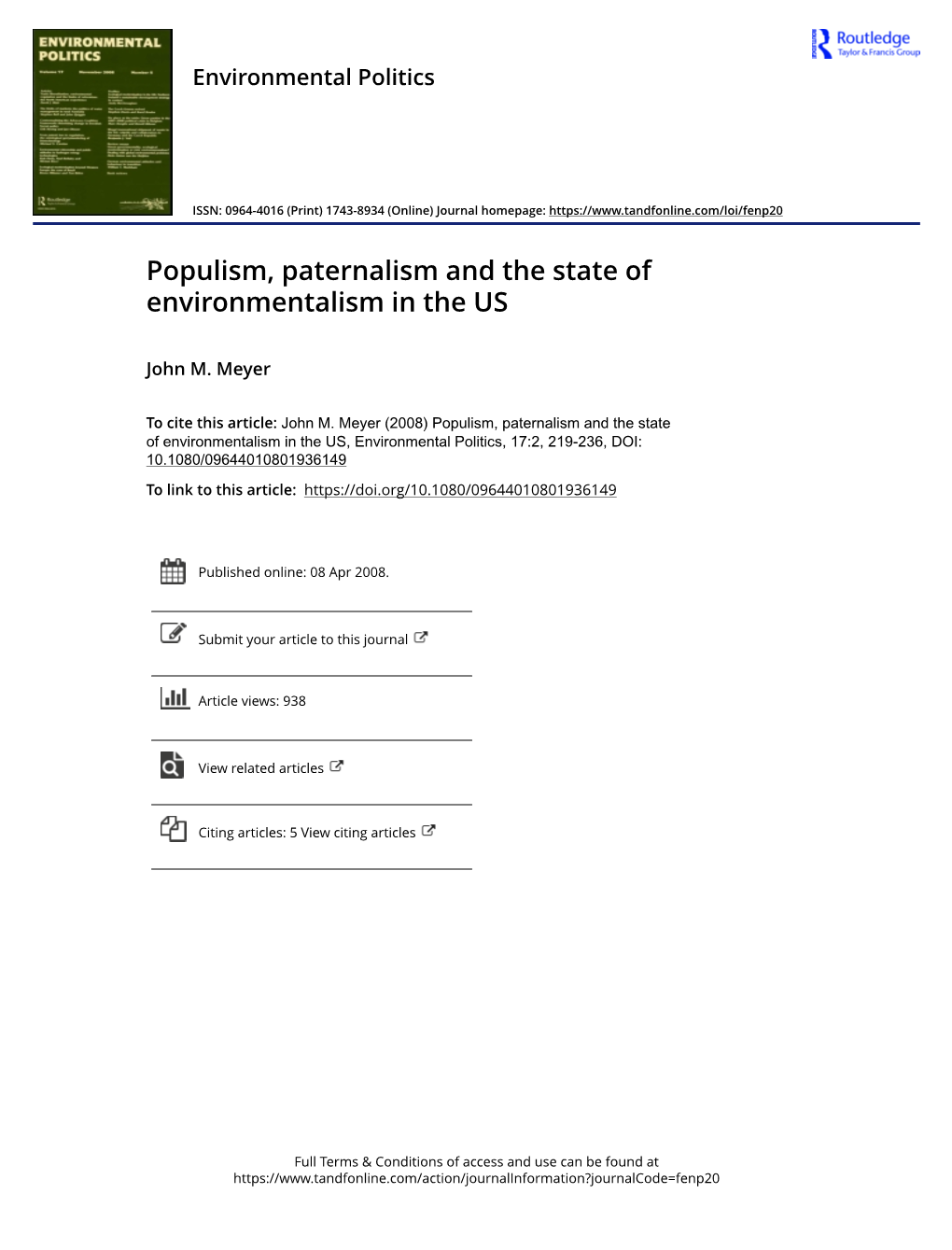 Populism, Paternalism and the State of Environmentalism in the US