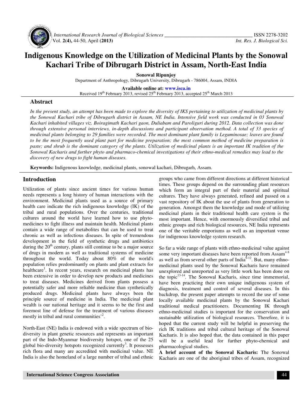 Indigenous Knowledge on the Utilization of Medicinal Plants by the Sonowal Kachari Tribe of Dibrugarh District in Assam, North-East India