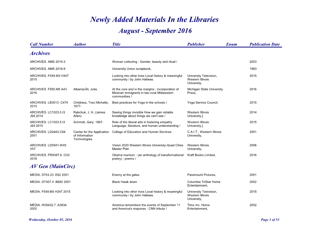 Newly Added Materials in the Libraries August - September 2016