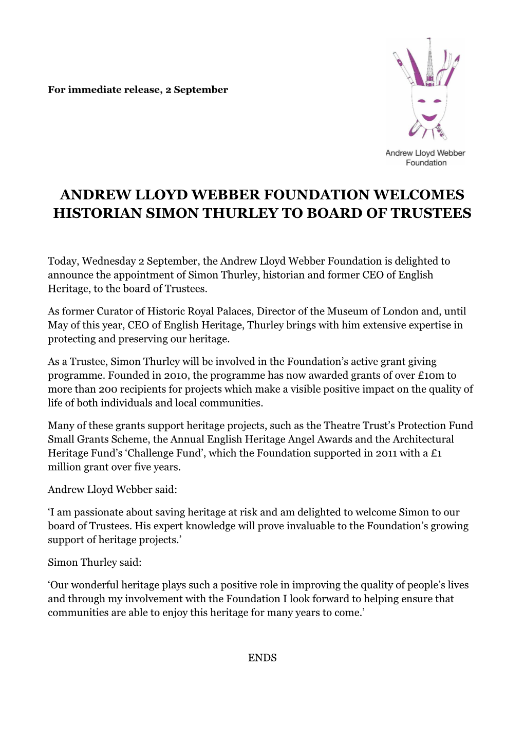 Andrew Lloyd Webber Foundation Welcomes Historian Simon Thurley to Board of Trustees
