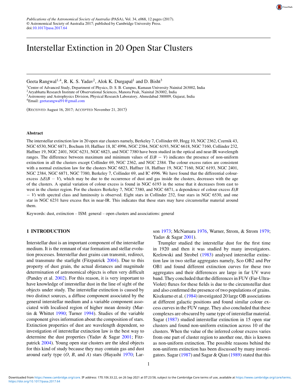 Interstellar Extinction in 20 Open Star Clusters