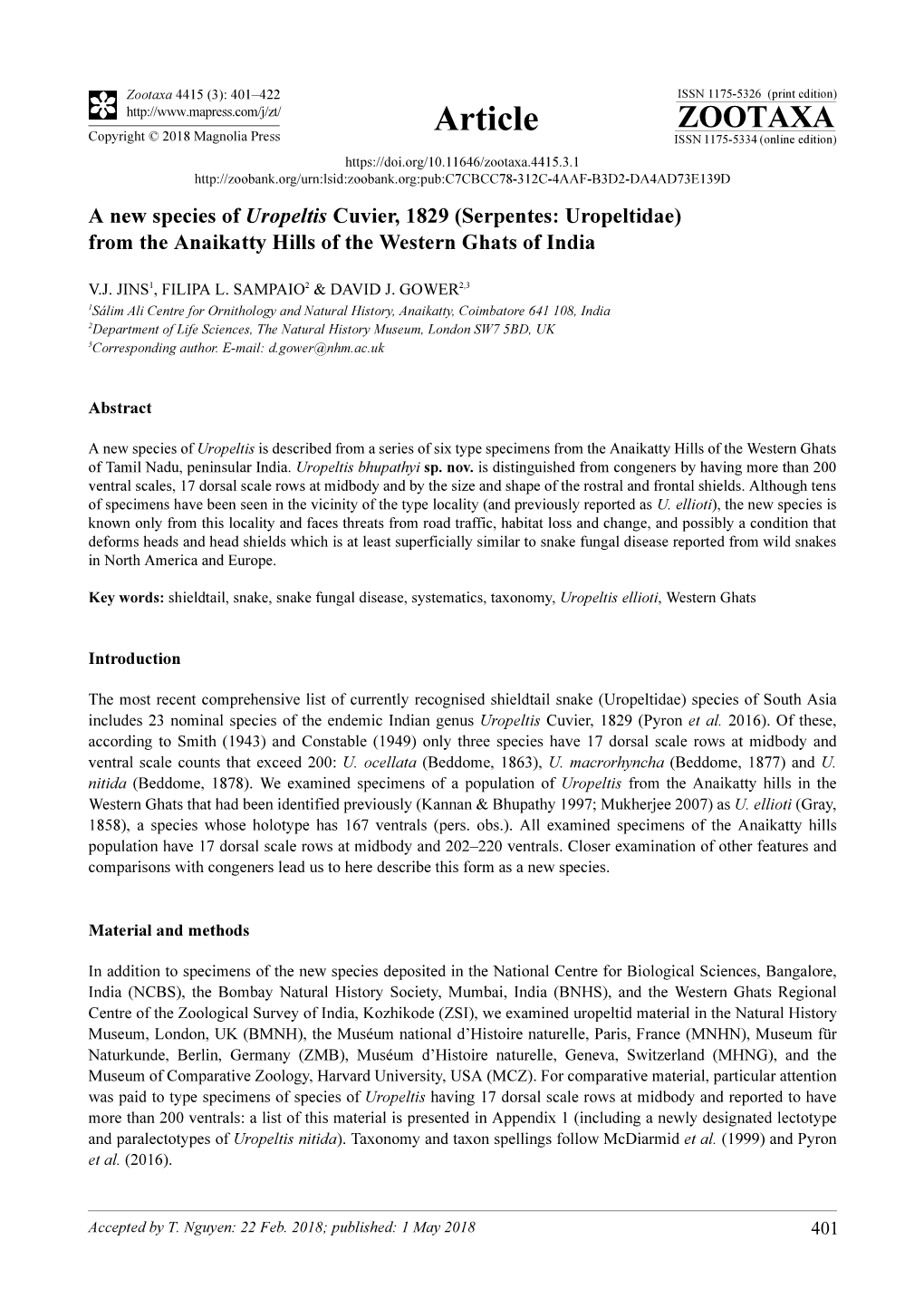 A New Species of Uropeltis Cuvier, 1829 (Serpentes: Uropeltidae) from the Anaikatty Hills of the Western Ghats of India