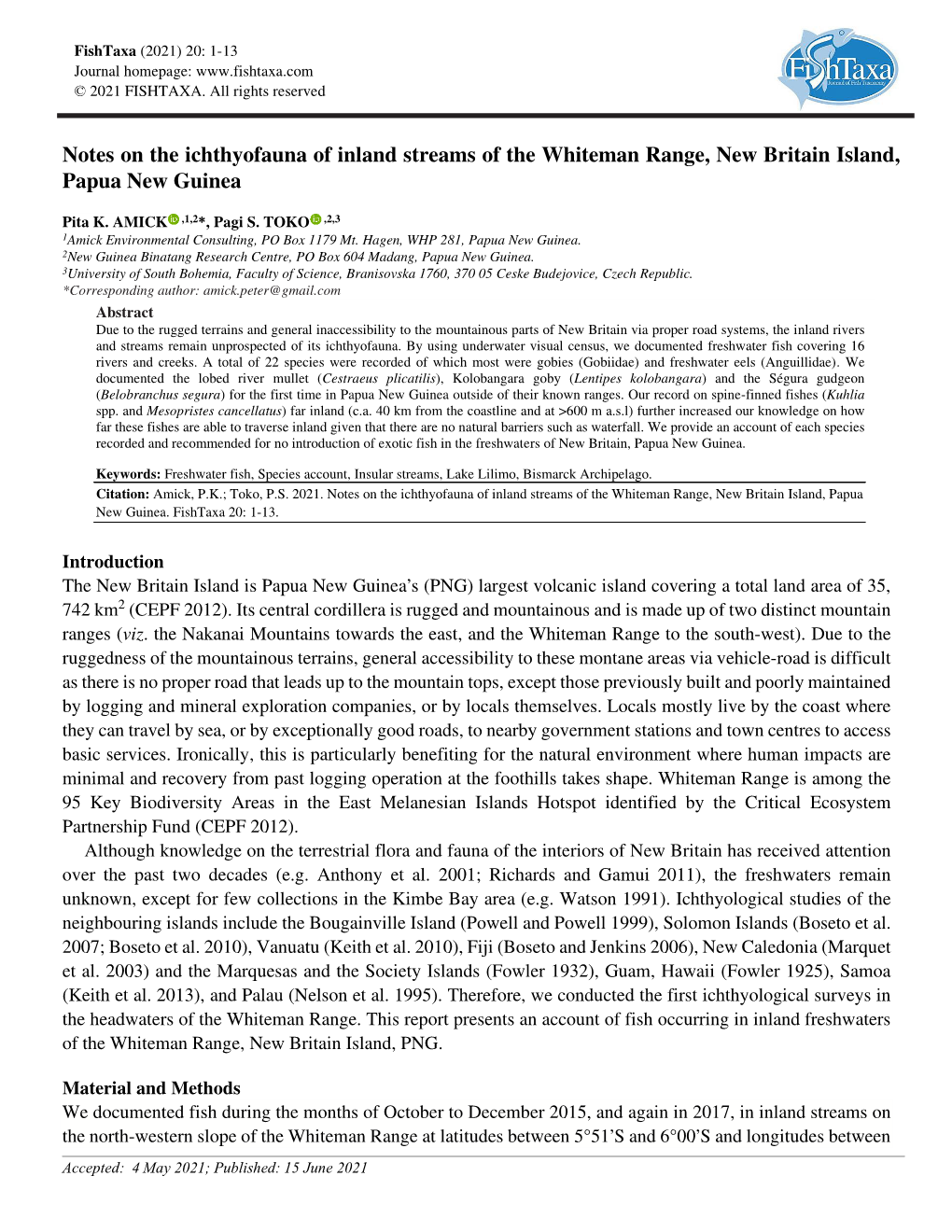 Notes on the Ichthyofauna of Inland Streams of the Whiteman Range, New Britain Island, Papua New Guinea