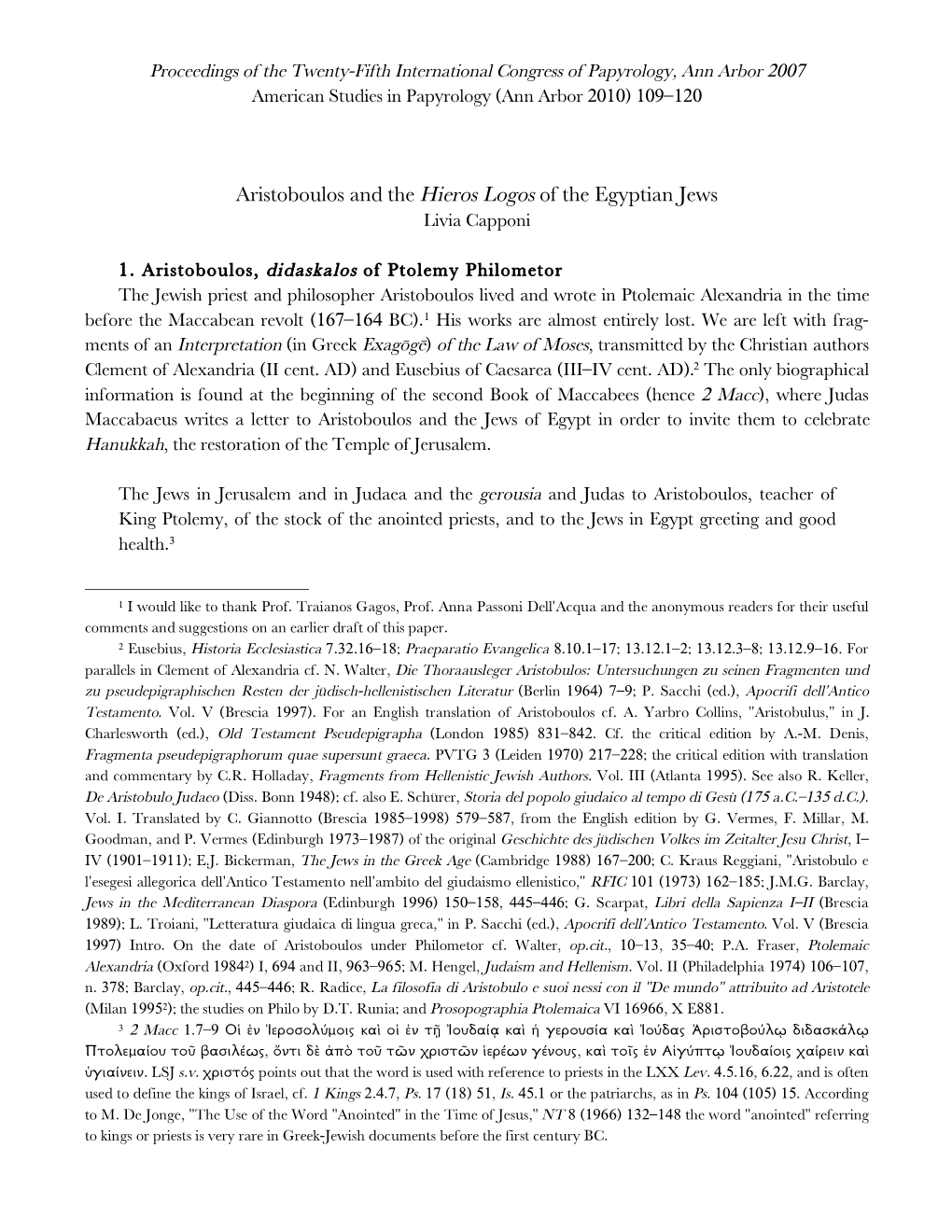 Aristoboulos and the Hieros Logos of the Egyptian Jews Livia Capponi