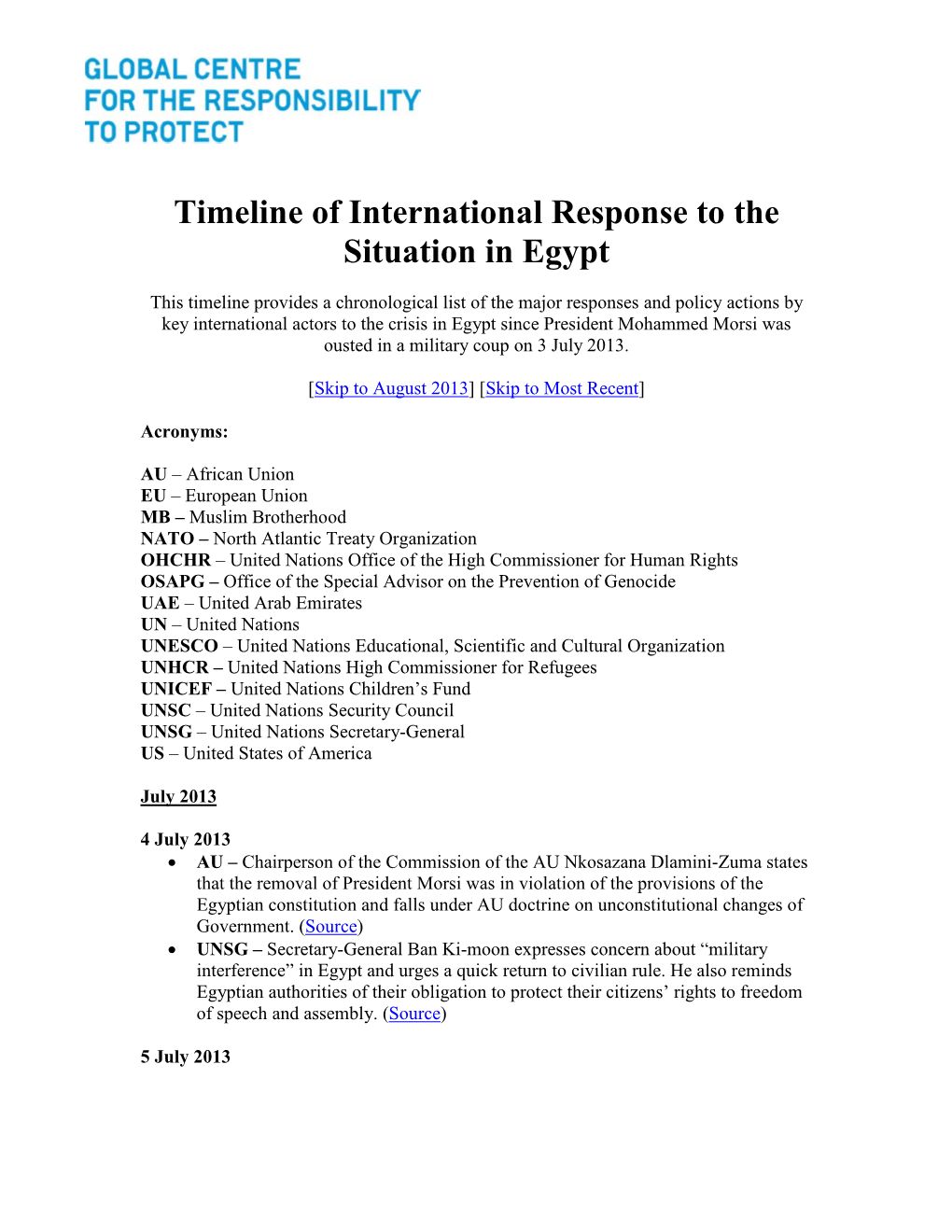 Timeline of International Response to the Situation in Egypt [PDF]