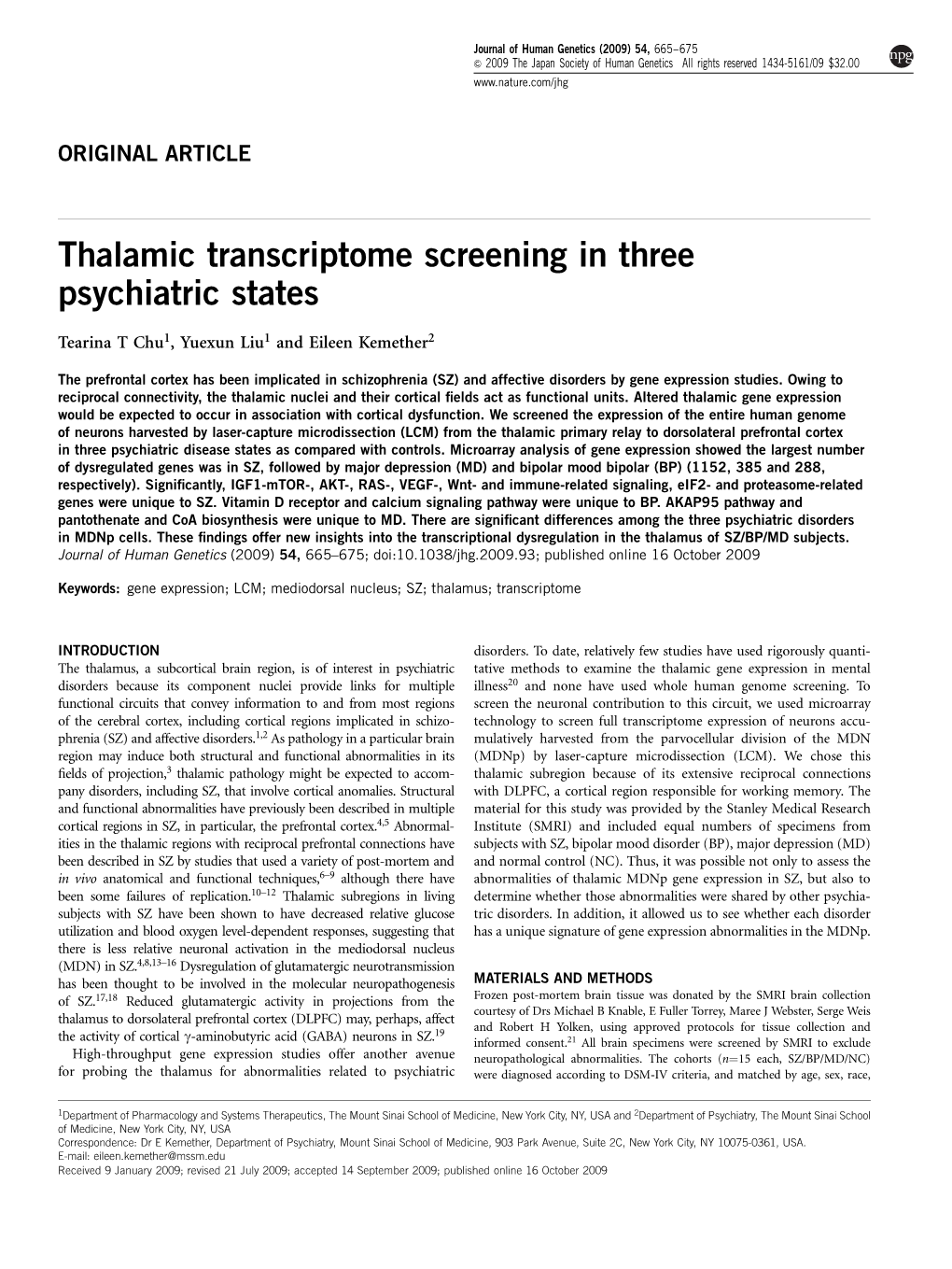 Thalamic Transcriptome Screening in Three Psychiatric States