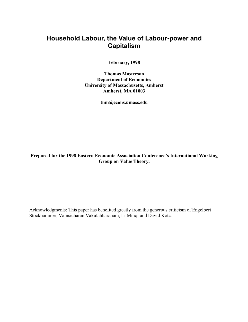 Household Labour, the Value of Labour Power and Capitalism