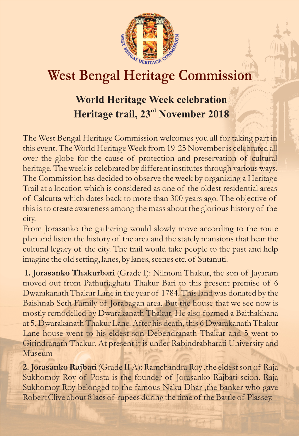 West Bengal Heritage Commission World Heritage Week Celebration Heritage Trail, 23Rd November 2018