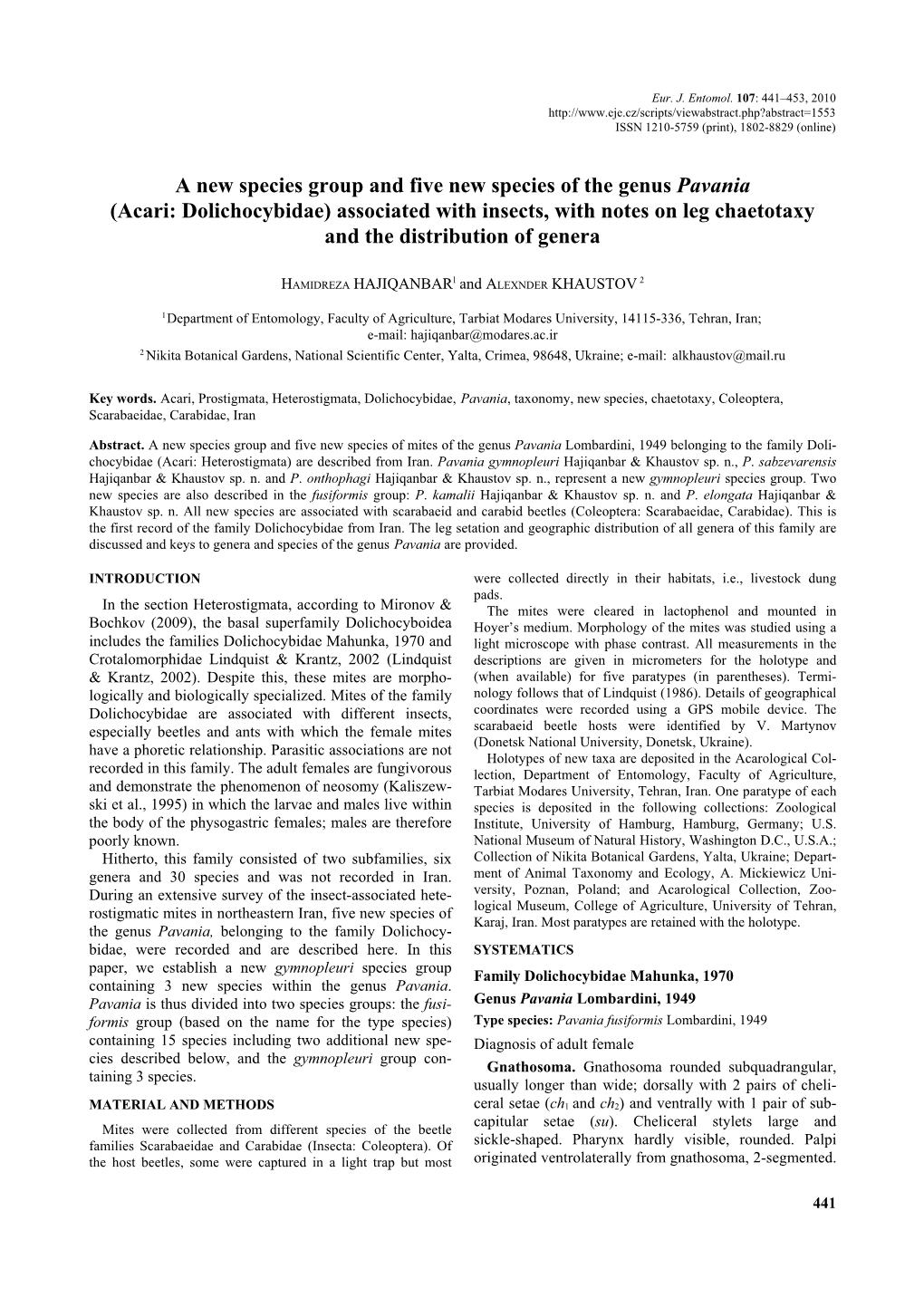 Acari: Dolichocybidae) Associated with Insects, with Notes on Leg Chaetotaxy and the Distribution of Genera