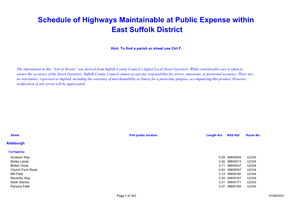 Schedule of Highways Maintainable at Public Expense Within East Suffolk District