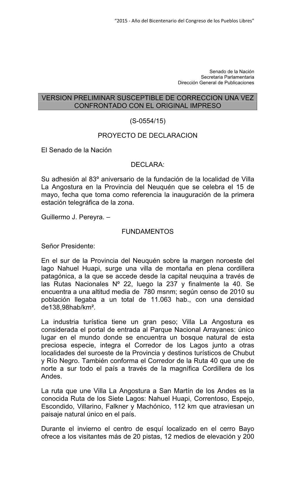 (S-0554/15) PROYECTO DE DECLARACION El