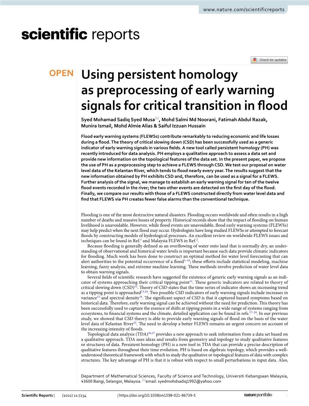 Using Persistent Homology As Preprocessing of Early Warning