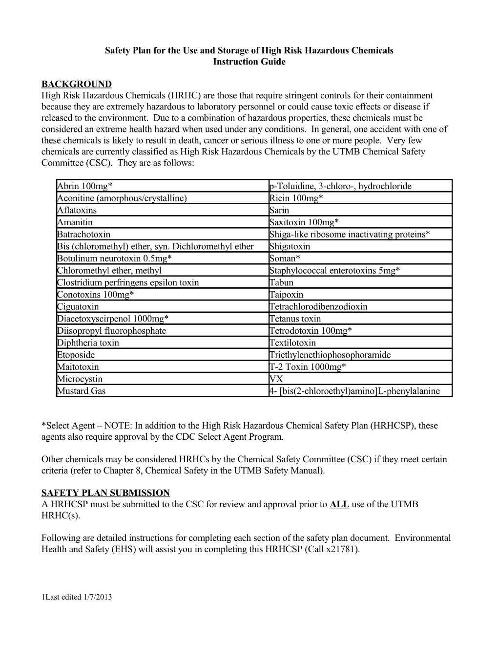 Safety Plan for the Use and Storage of High Risk Hazardous Chemicals