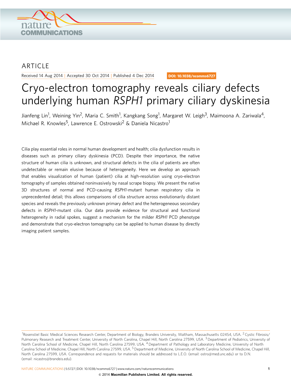 Cryo-Electron Tomography Reveals Ciliary Defects Underlying Human RSPH1 Primary Ciliary Dyskinesia