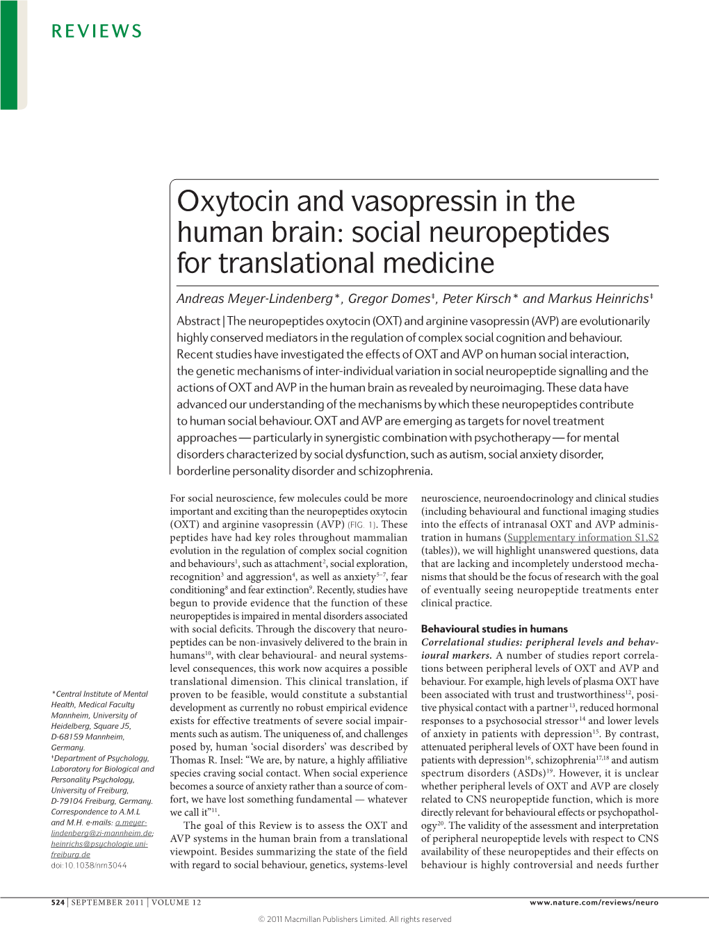 Oxytocin and Vasopressin in the Human Brain: Social Neuropeptides for Translational Medicine