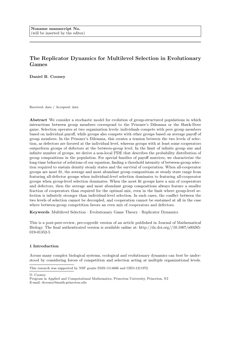 The Replicator Dynamics for Multilevel Selection in Evolutionary Games