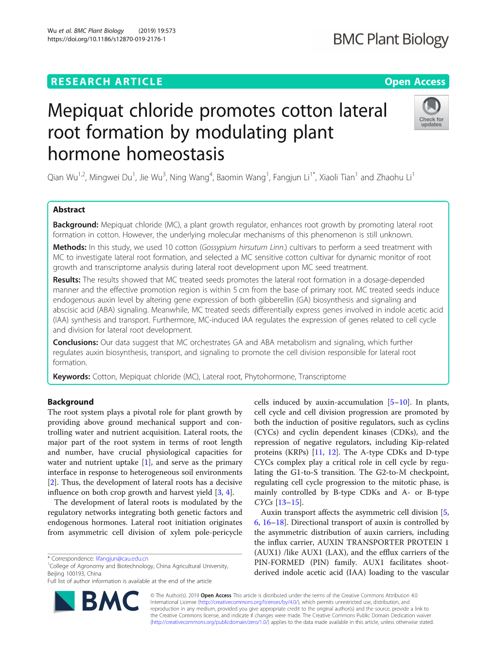 Mepiquat Chloride Promotes Cotton Lateral Root