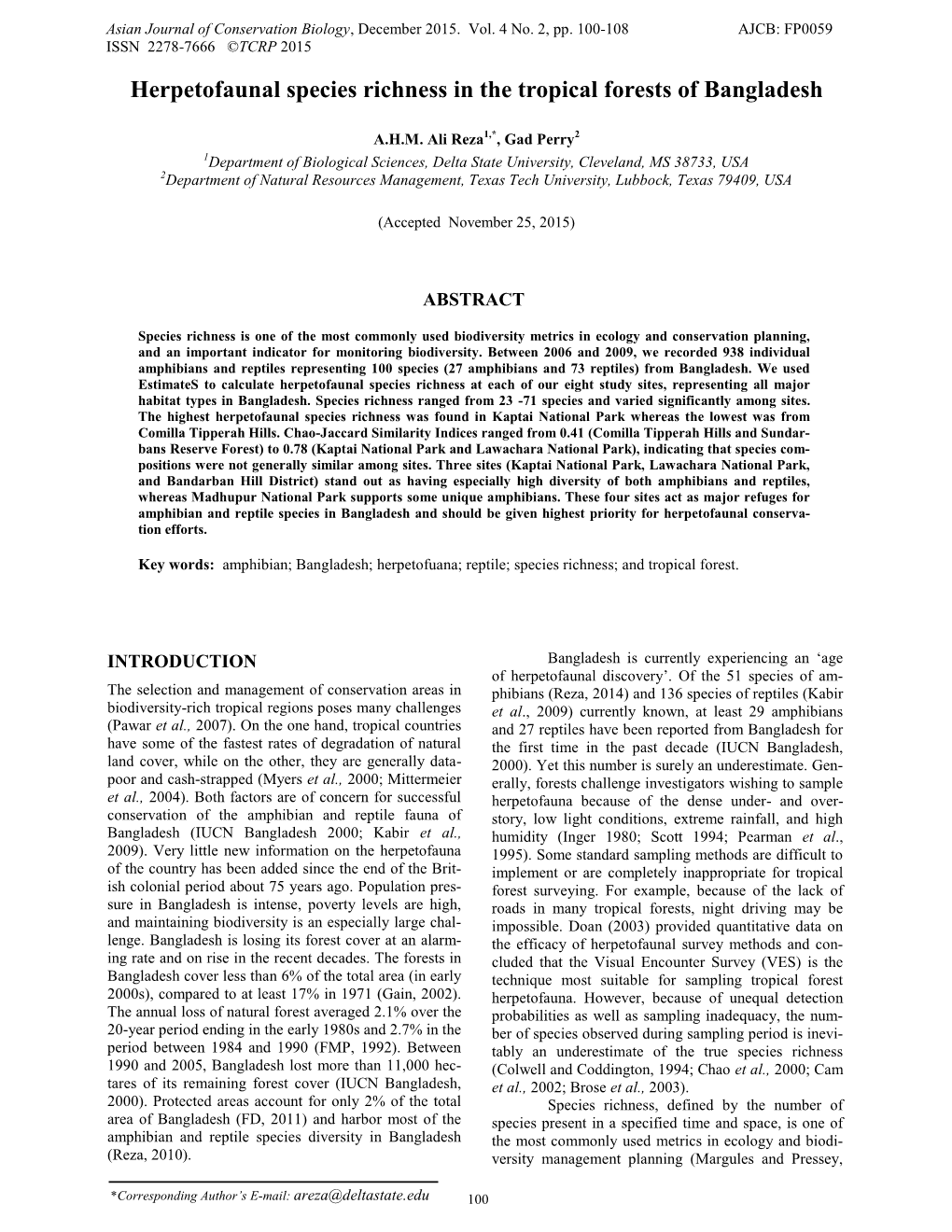 Herpetofaunal Species Richness in the Tropical Forests of Bangladesh