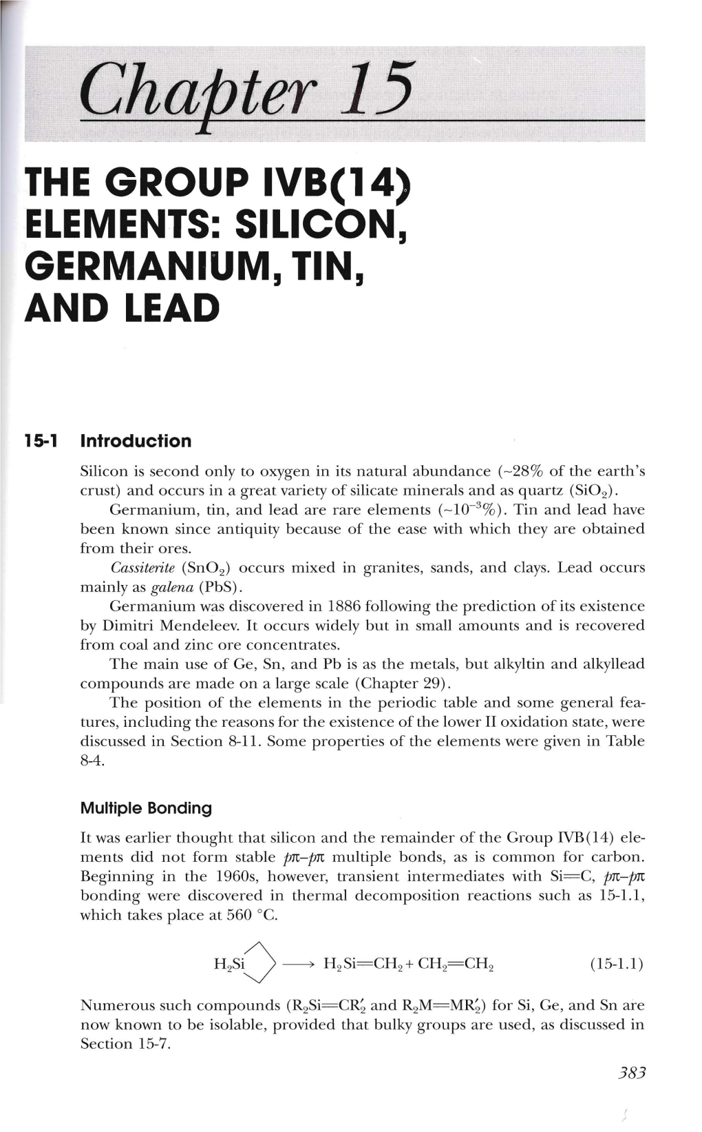 Chapter 15 the GROUP IVB(14) ELEMENTS: SILICON, GERMANIUM, TIN, and LEAD
