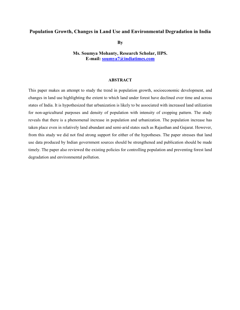 Population Growth, Changes in Land Use and Environmental Degradation in India