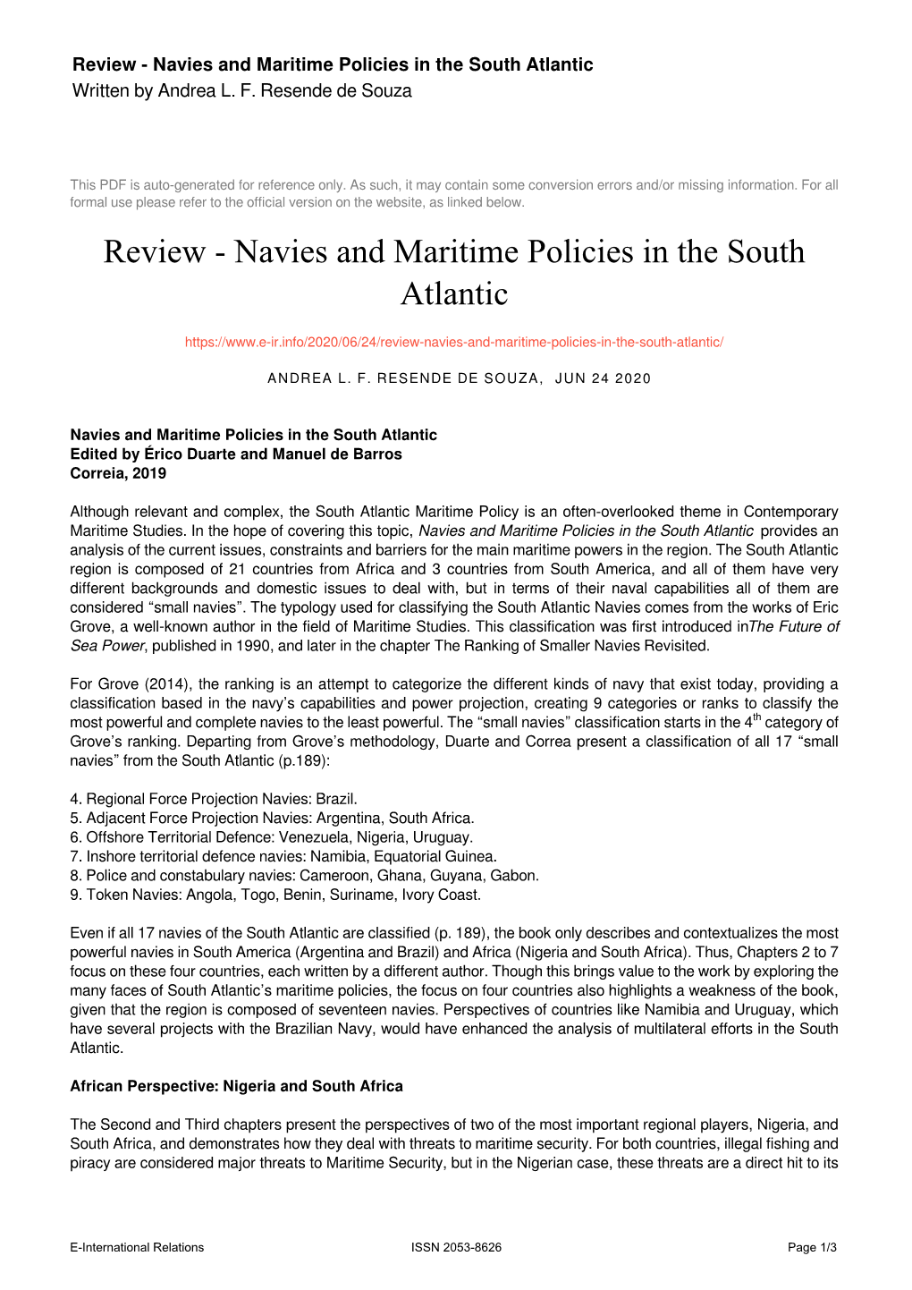 Navies and Maritime Policies in the South Atlantic Written by Andrea L