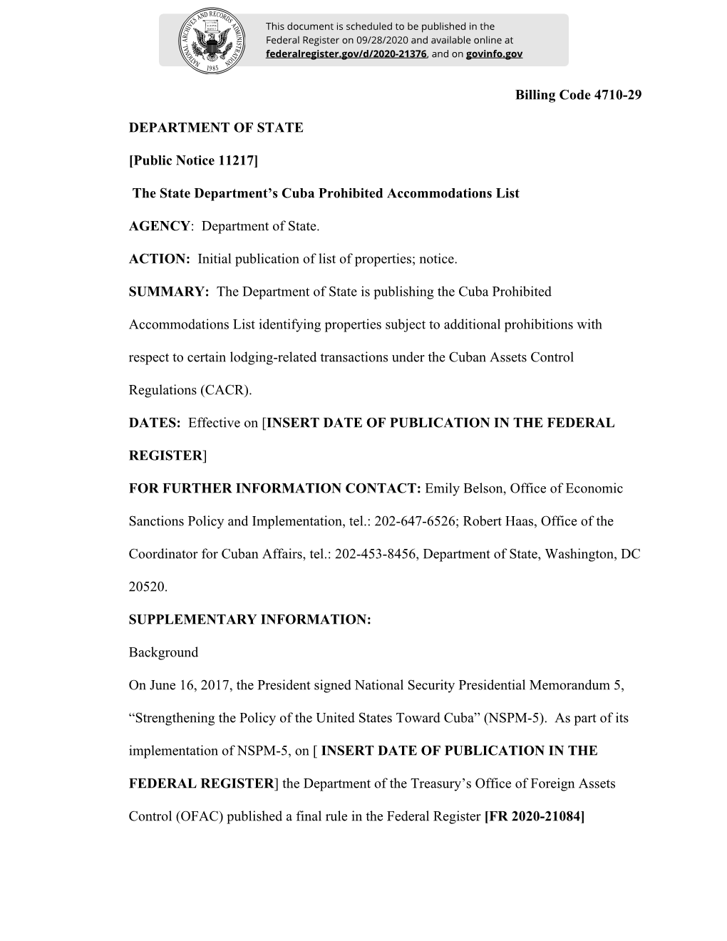 The State Department's Cuba Prohibited Accommodations List AGEN