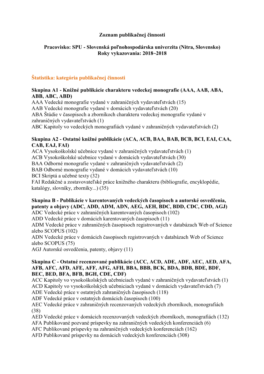 SPU - Slovenská Poľnohospodárska Univerzita (Nitra, Slovensko) Roky Vykazovania: 2018~2018