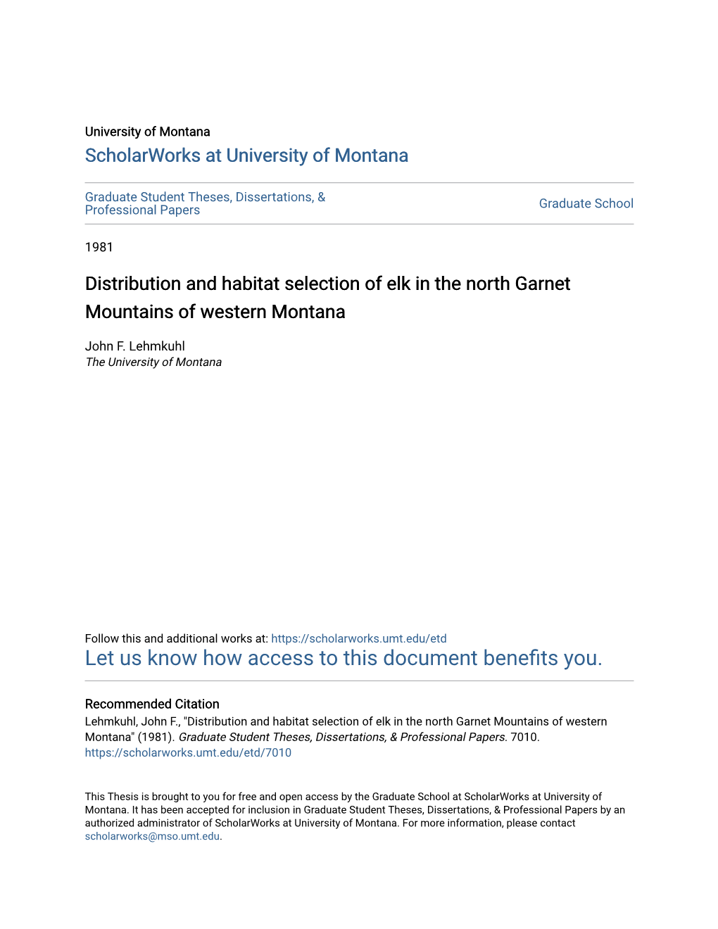 Distribution and Habitat Selection of Elk in the North Garnet Mountains of Western Montana