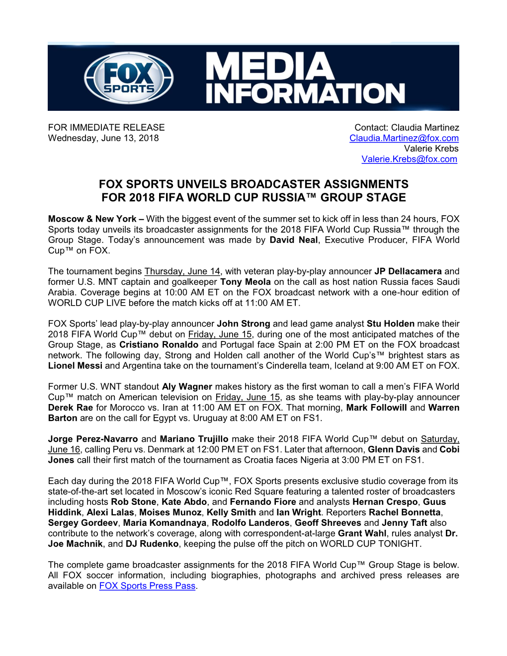 Fox Sports Unveils Broadcaster Assignments for 2018 Fifa World Cup Russia™ Group Stage